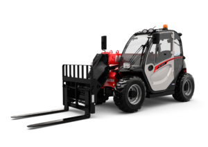 Chariot télescopique fixe 4 mètres 2 tonnes Manitou, vue de face fourches en avant