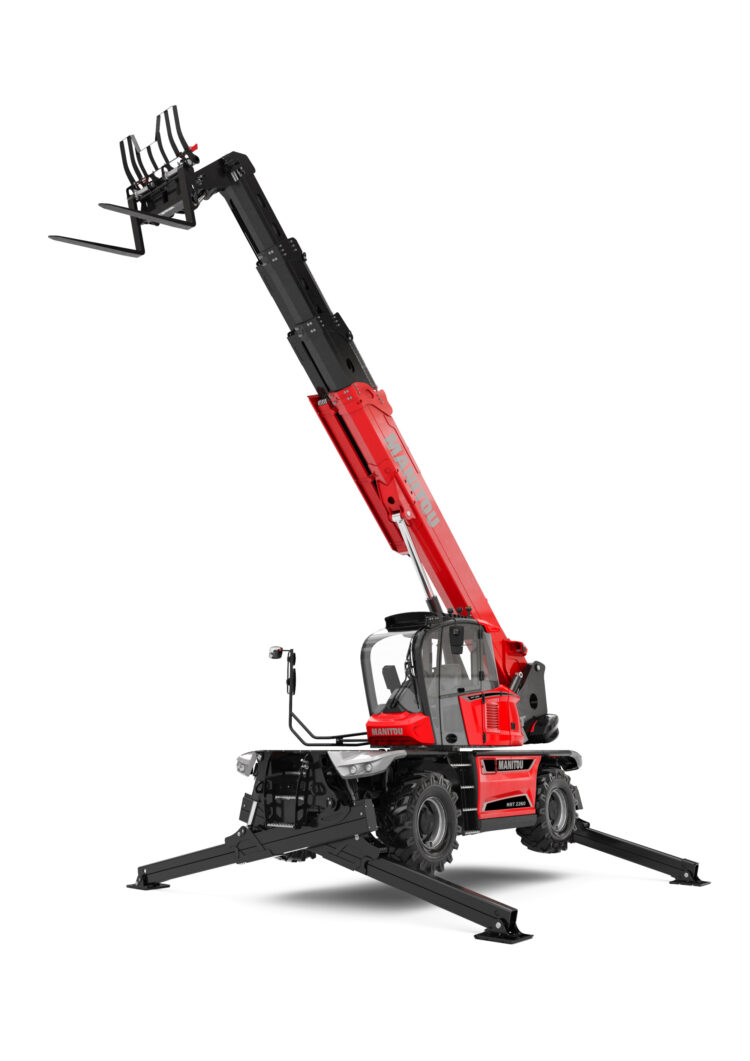 Chariot télescopique rotatif 22 mètres 6 tonnes Manitou, flèche déployée en hauteur